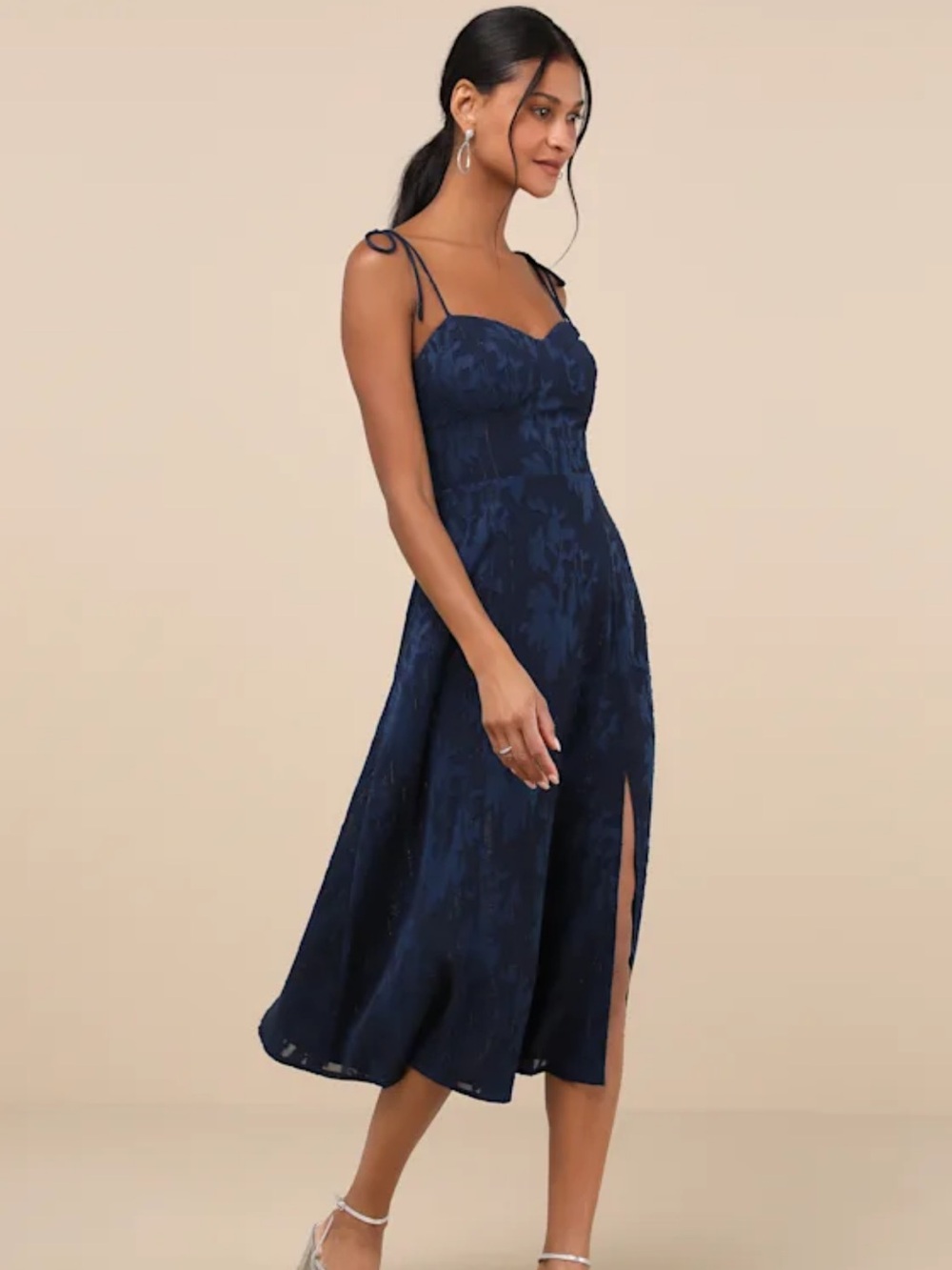 NWT Lulus navy blue floral jacquard tie strap midi dress - Picture 4 of 9